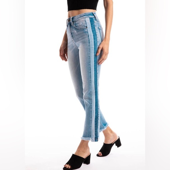 KanCan High Rise Side Stripe Raw Fringe Hem Straight Leg Jean 5/26 - Picture 9 of 11